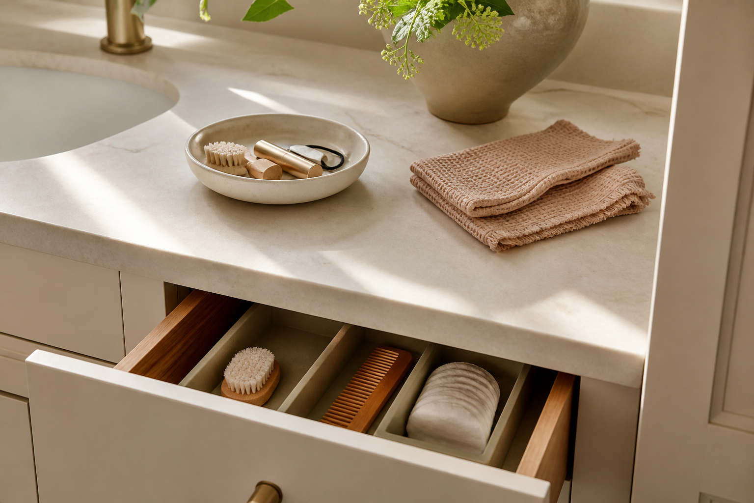 A compact bathroom vanity with a ceramic tray for daily-use items and an organized drawer with dividers.