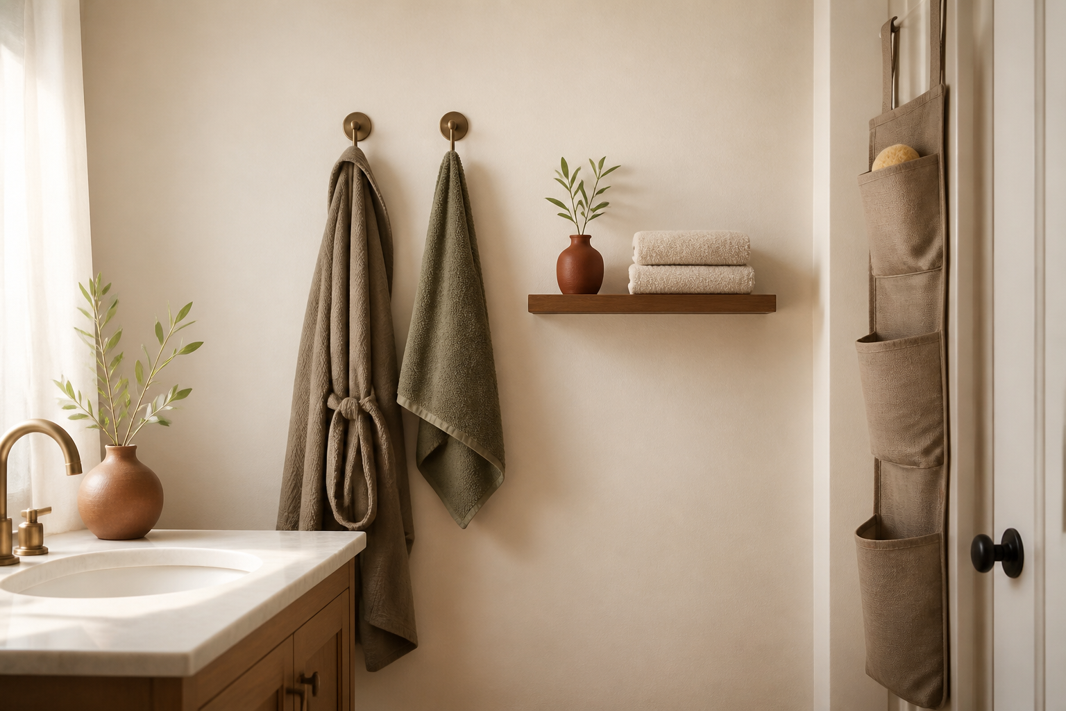A compact bathroom vanity with a softly lit mirror, even wall lights, and a few simple grooming items.