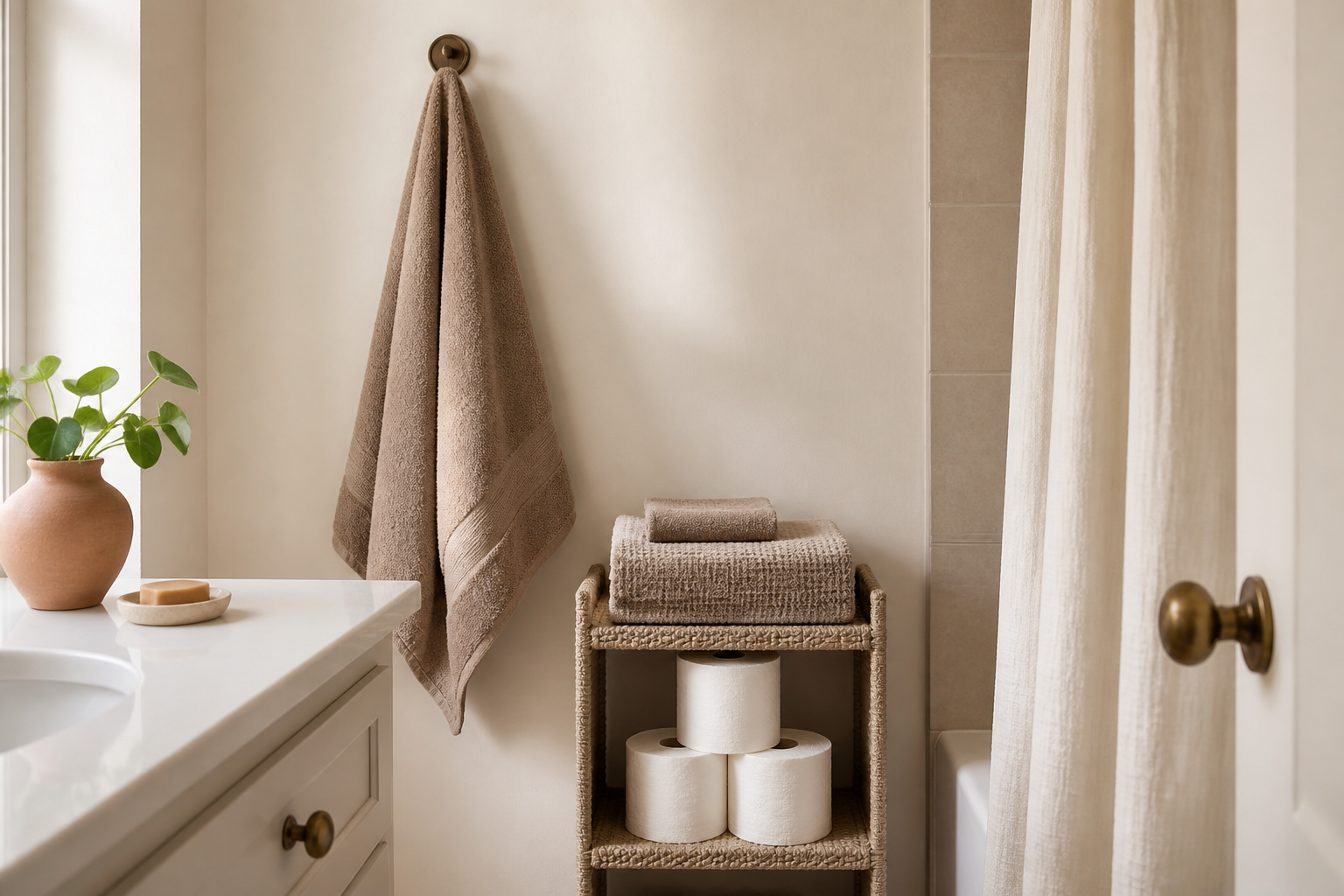 A small bathroom with a neatly hung towel, a slim shelf, a basket, and a few backup supplies kept within reach.