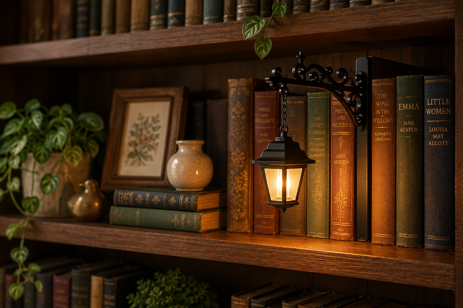A warm bookshelf styled with books, greenery, decorative objects, and a small glowing hanging lantern.