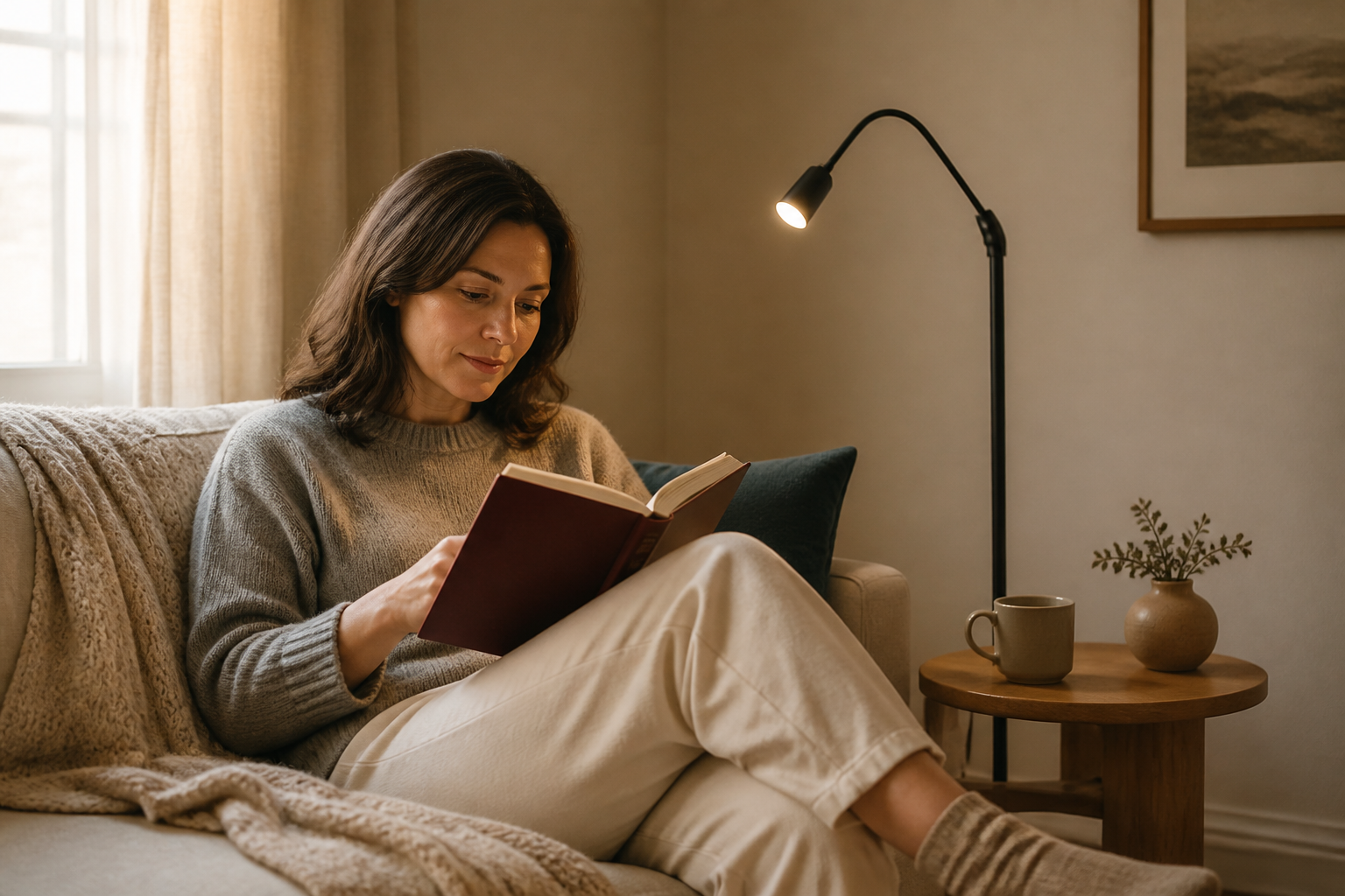 A reader relaxing with a book beside a focused reading light and soft throw.