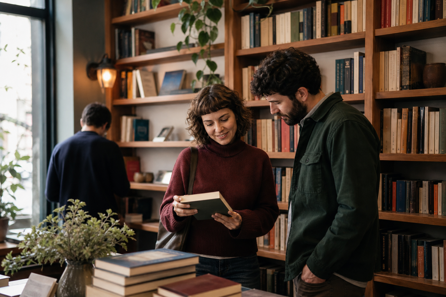 Two people browsing books together in a welcoming bookstore.