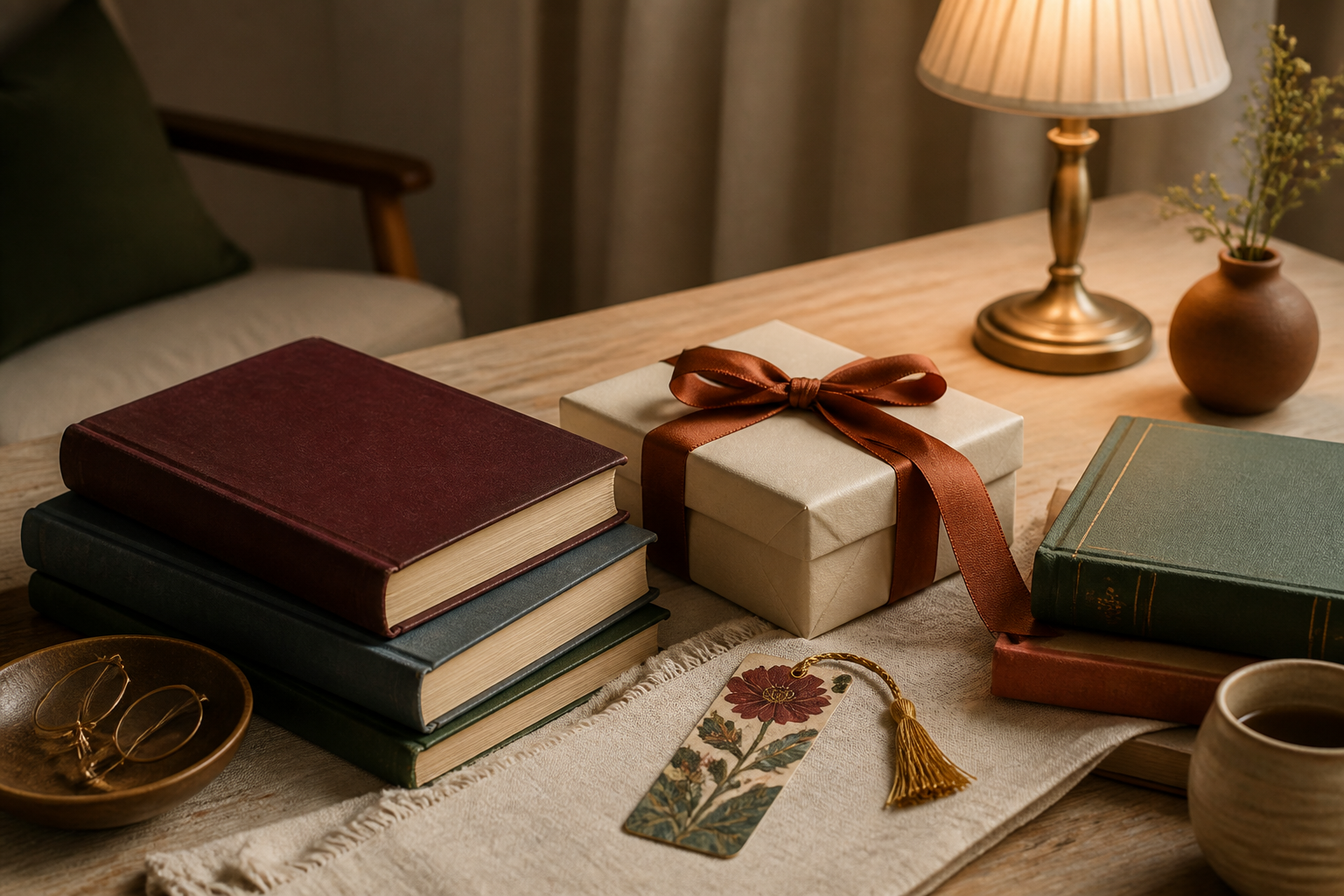 A wrapped gift arranged with books and thoughtful reading accessories on a warm, inviting table.