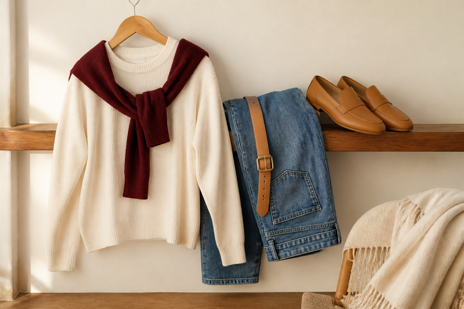 A cream sweater, blue denim, camel belt and loafers, and a burgundy layer arranged as one coordinated outfit.