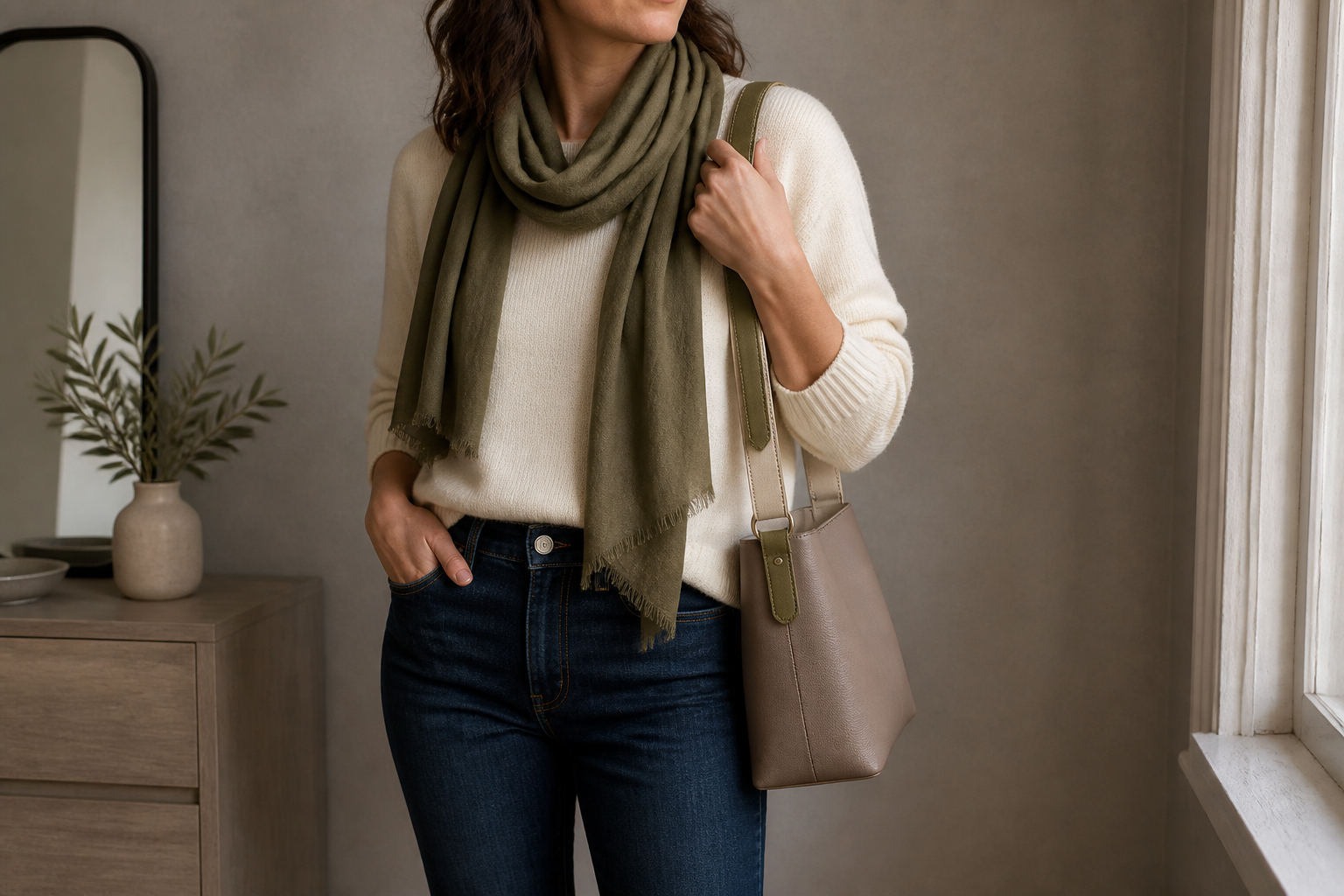 An adult woman in a cream sweater and dark denim wearing a muted olive scarf with olive detail on her everyday bag.