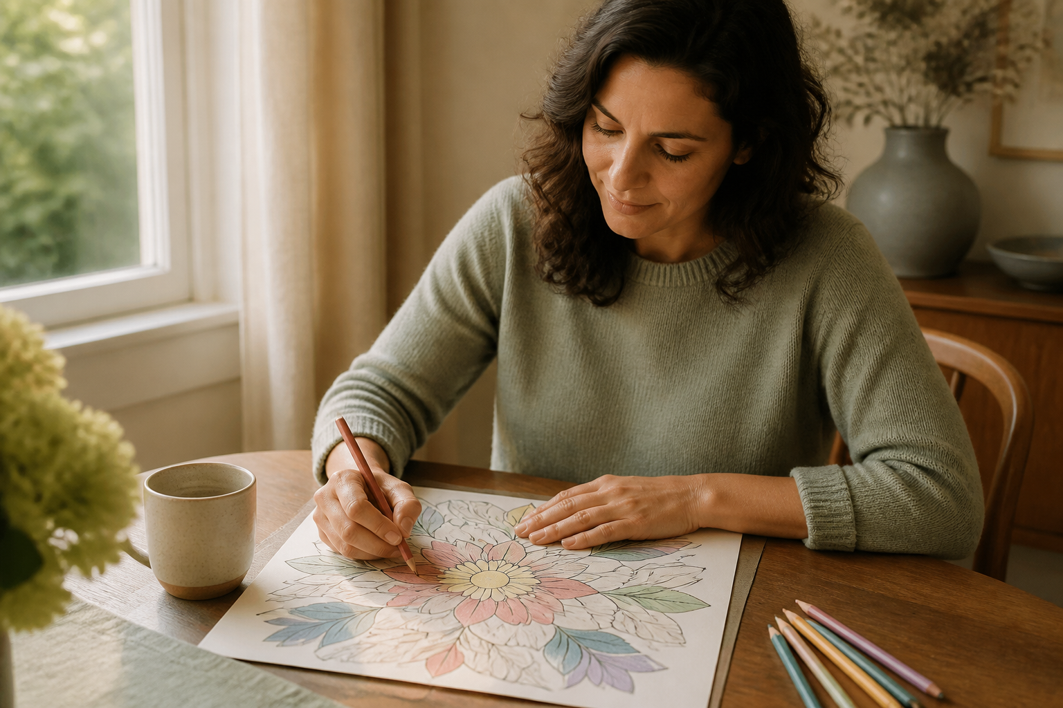 A bold coloring page with large clear spaces beside a more intricate page with finer details.