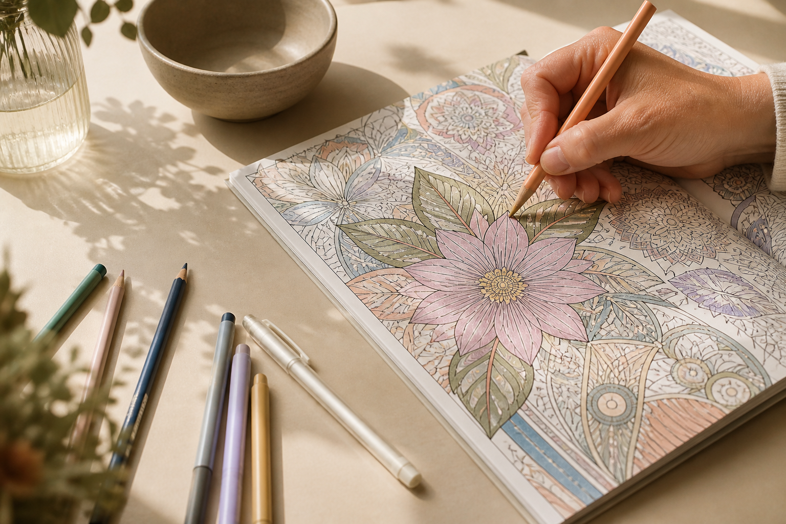 A person coloring an original adult coloring page with pencils and markers arranged nearby.