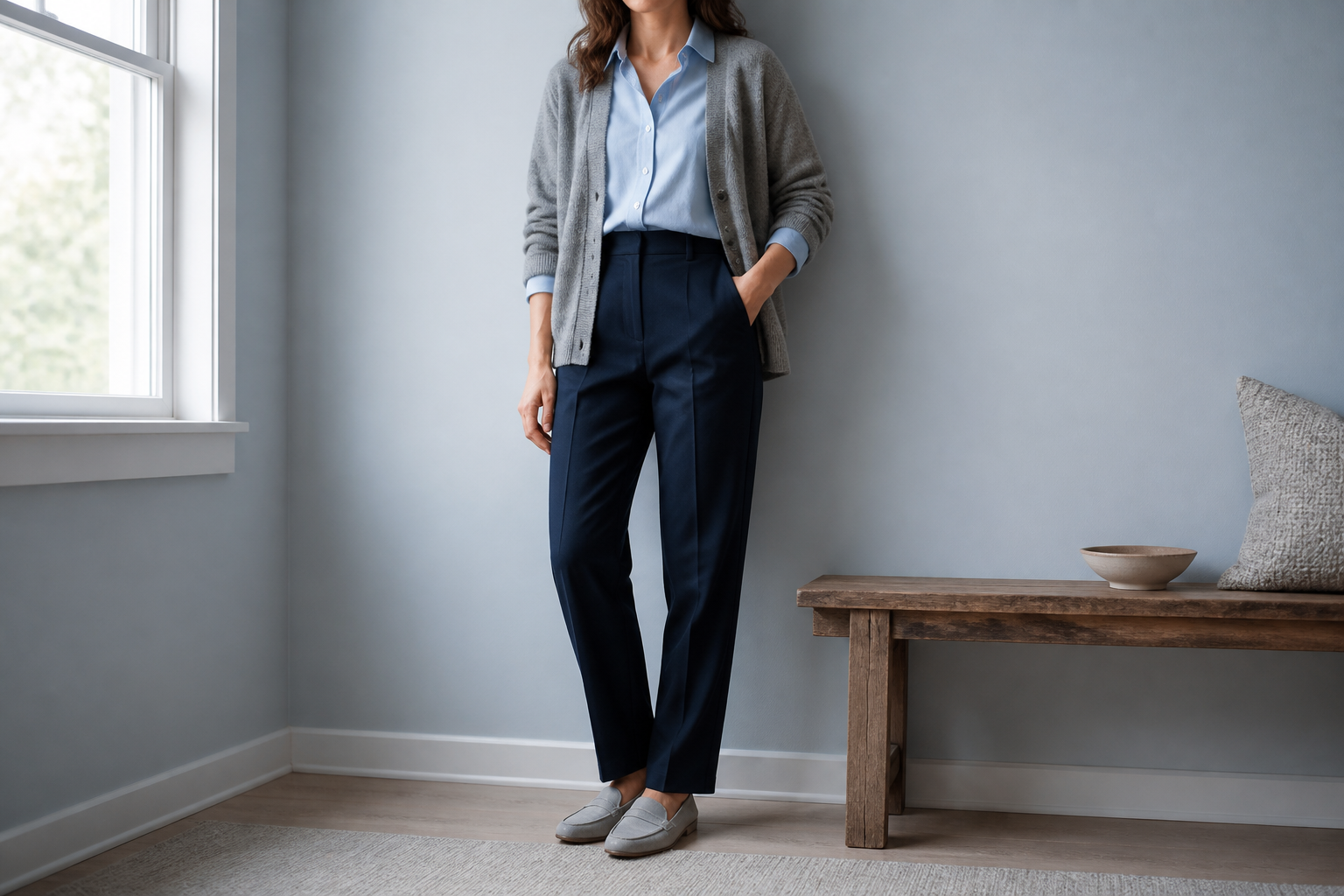 An adult woman wearing dark navy trousers, a soft blue shirt, and a medium-gray cardigan.