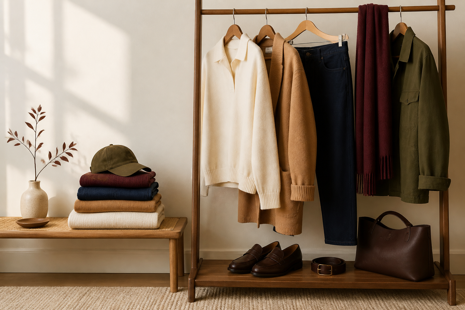 A coordinated wardrobe composition with cream, camel, chocolate-brown, burgundy, navy, and olive garments and accessories.