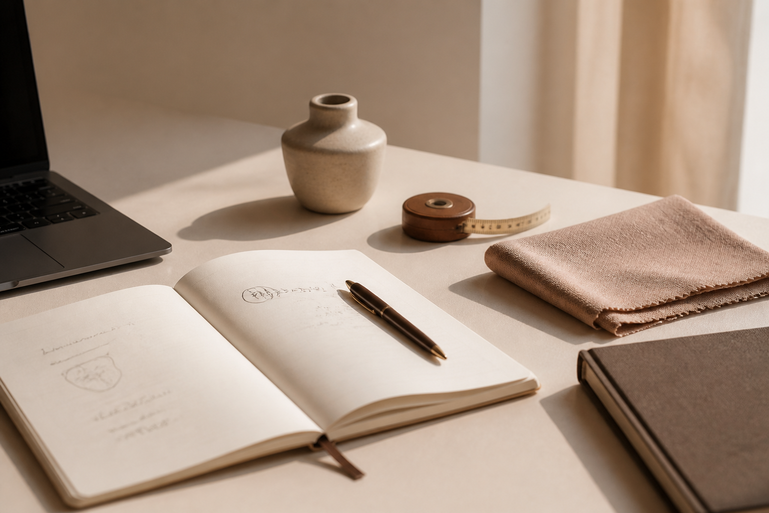 A warm editorial workspace with notes and everyday objects arranged for thoughtful comparison and curation.