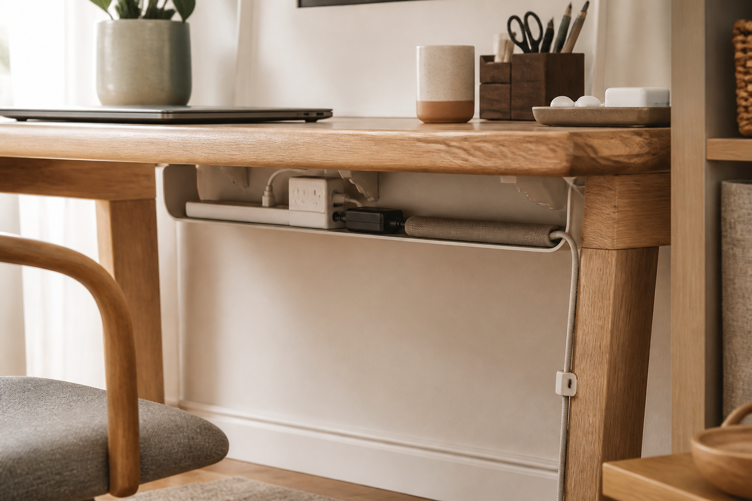 Cleanly routed home-office cables in an under-desk tray beside a small organizer and accessible charging accessories.