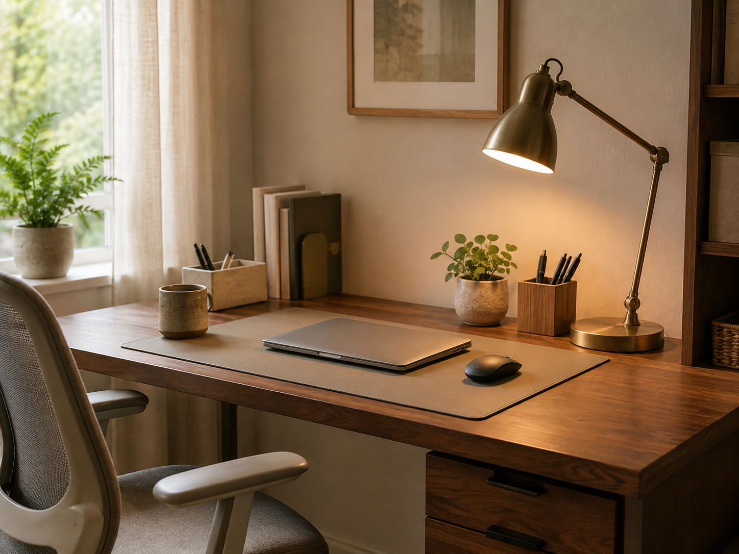 A warm home-office desk with a closed laptop, mouse, task lamp, and soft natural light.