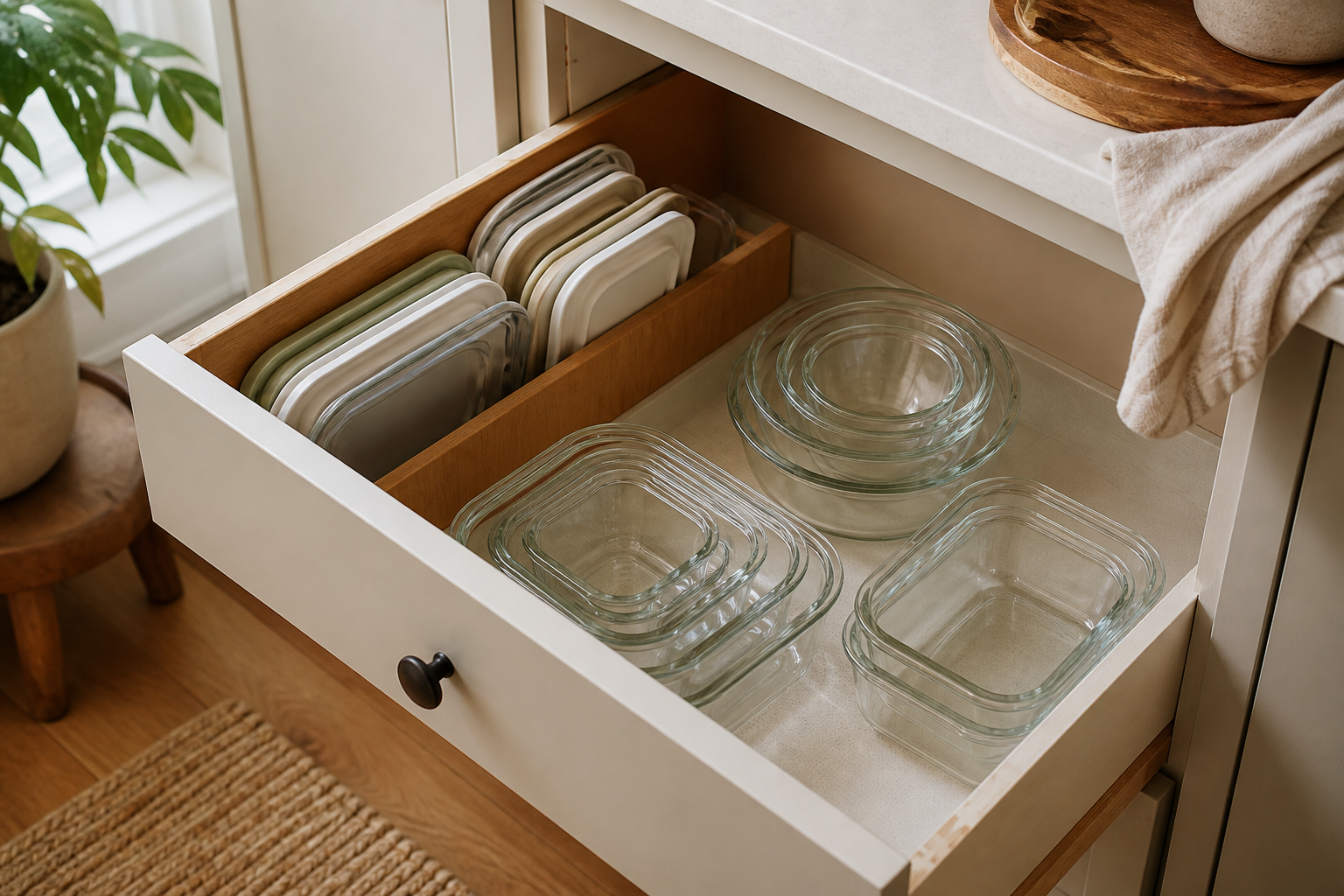 Glass food containers nested neatly in a kitchen drawer with their lids stored upright in a divider.