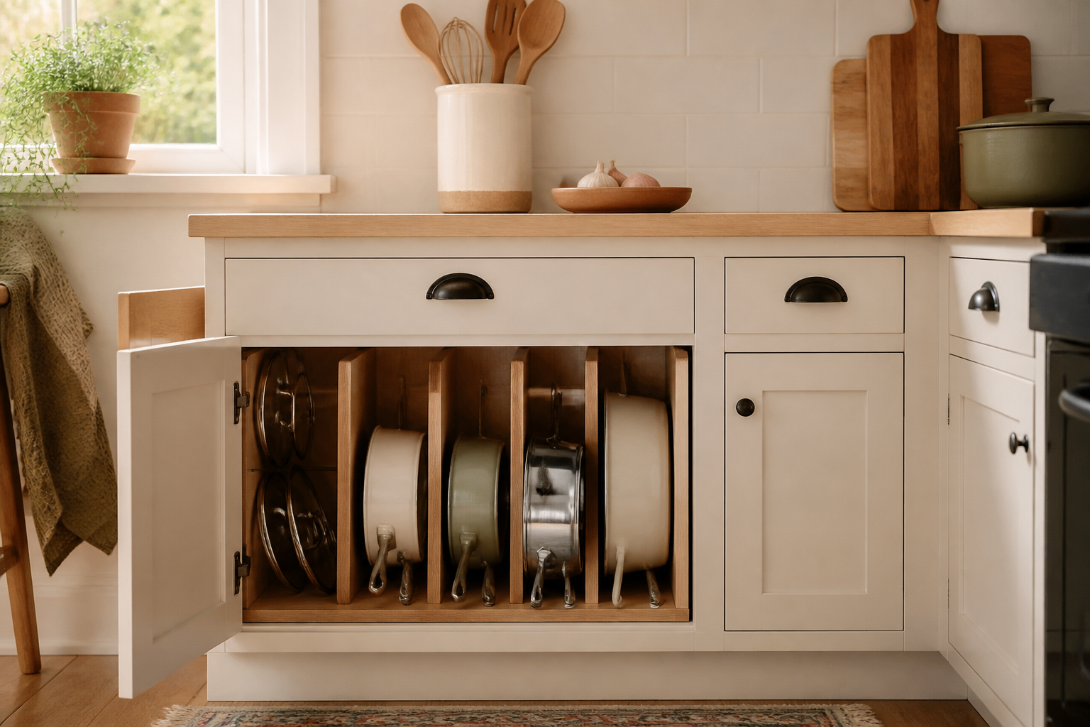 Pots and pans stored upright in a lower kitchen cabinet with dividers for easier access.
