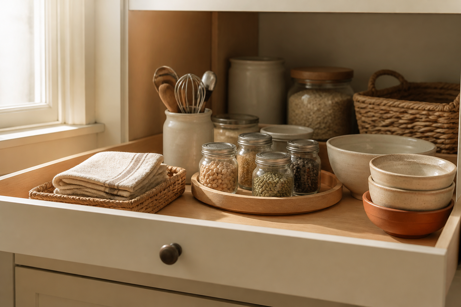 An open pantry shelf with visible jars, bowls, a basket, and a folded kitchen towel arranged for easy access.