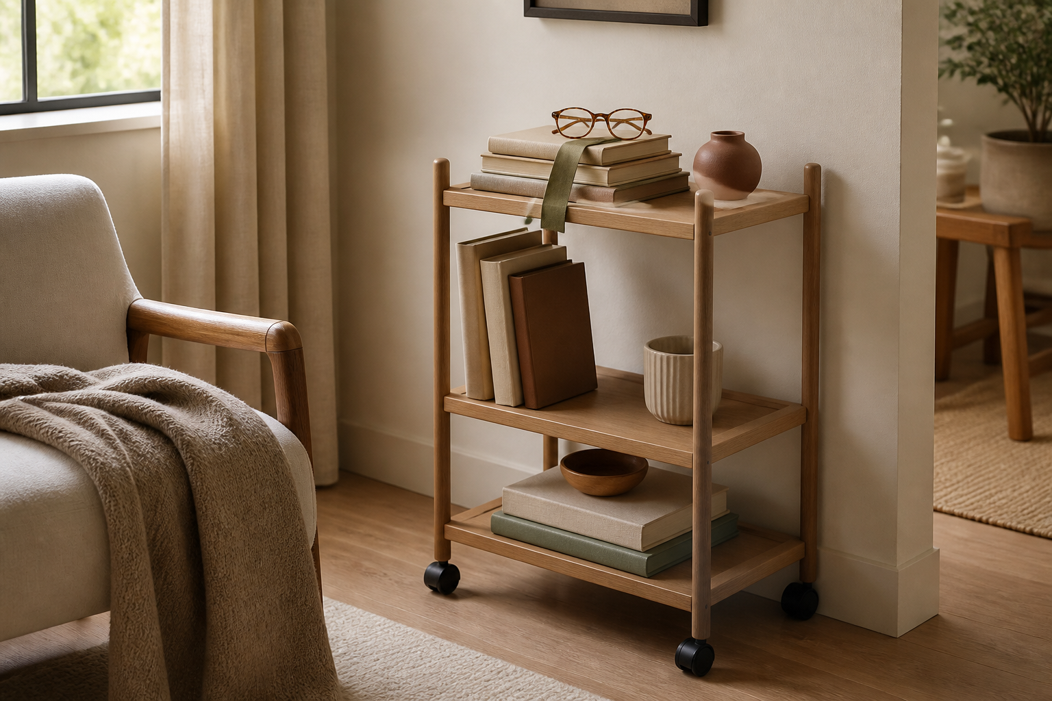A small rolling book cart with a modest selection of books, reading glasses, bookmark, and ceramic cup.