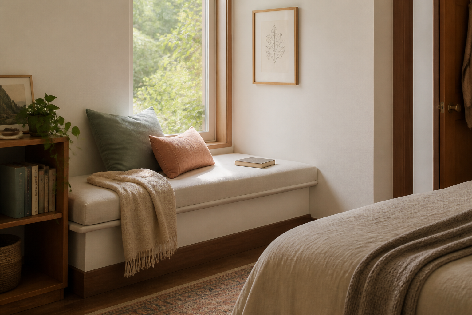 A reading corner integrated into a compact multipurpose room with a chair, lamp, books, and soft throw.