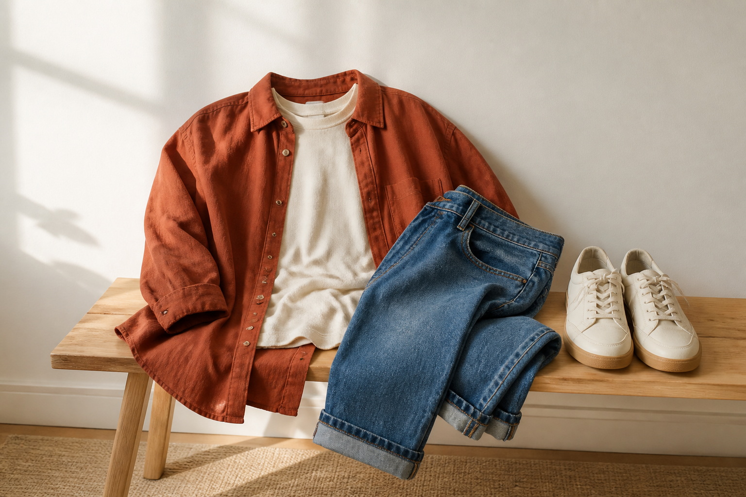 A rust overshirt, cream top, and medium-blue denim arranged together as one complete everyday outfit.