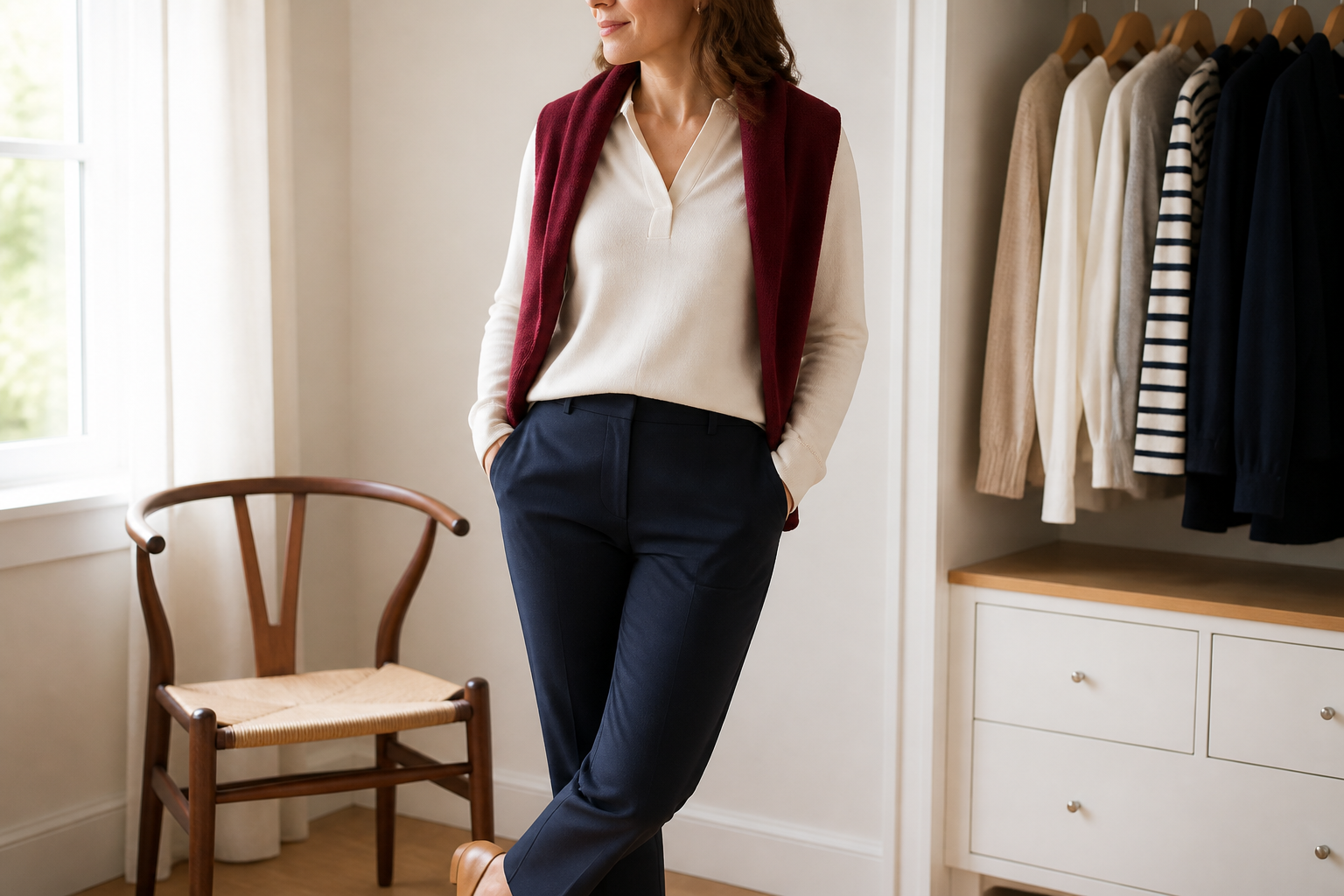 An adult woman wearing a cream blouse and navy trousers with a burgundy layer as the single richer accent.