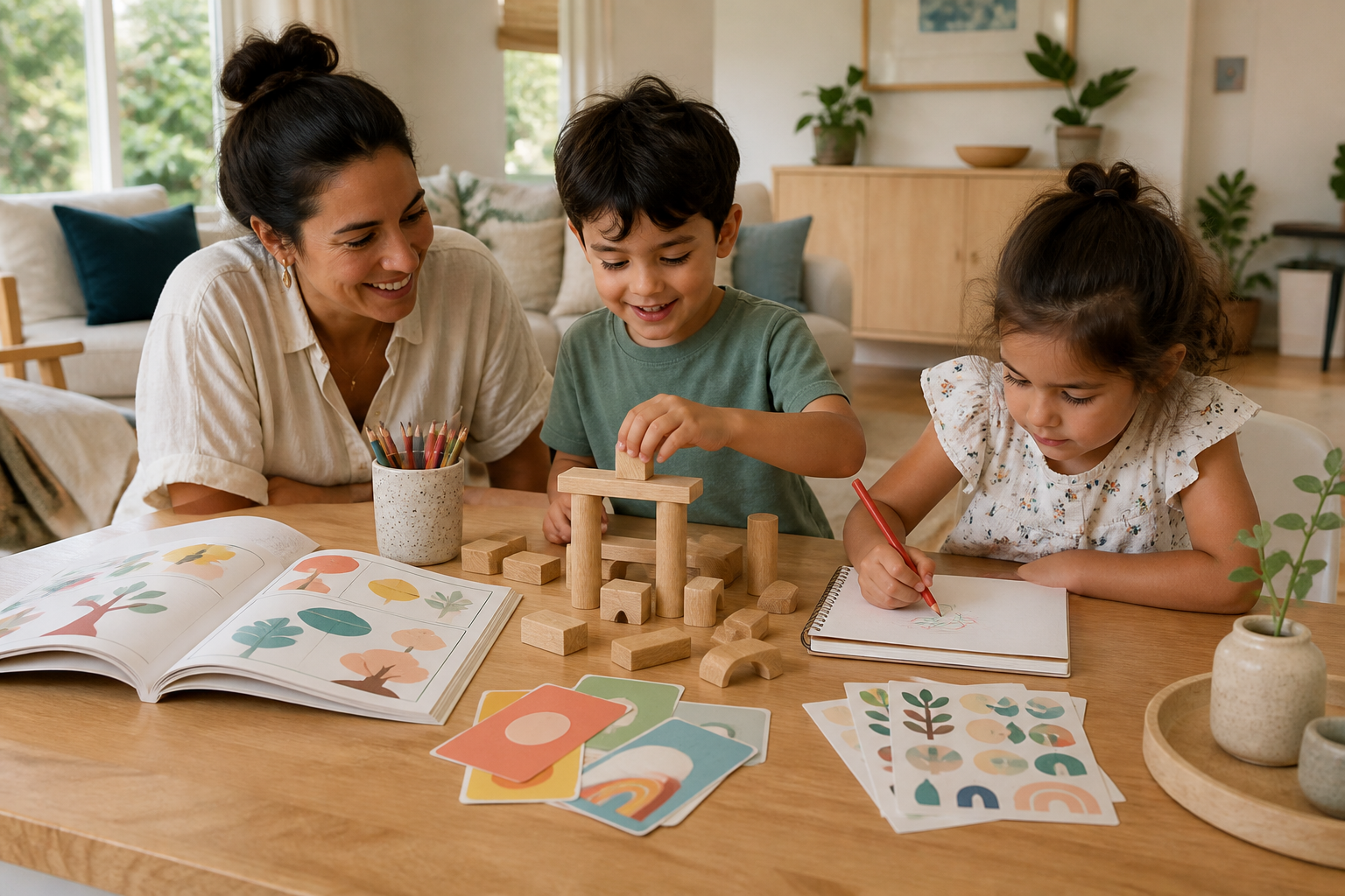 Simple screen-free activities including an activity book, drawing supplies, prompt cards, and building pieces ready for children to use.