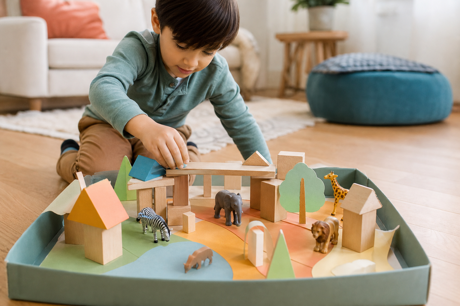 A child creating a small imaginative world with simple building pieces and toy animals.