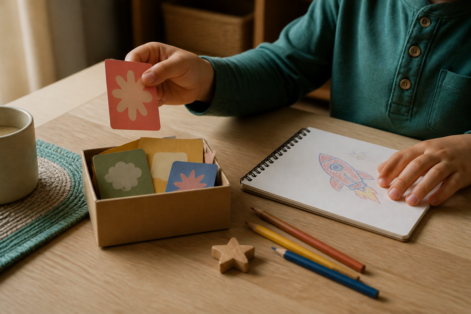 A child choosing a surprise activity prompt and beginning a simple creative challenge.