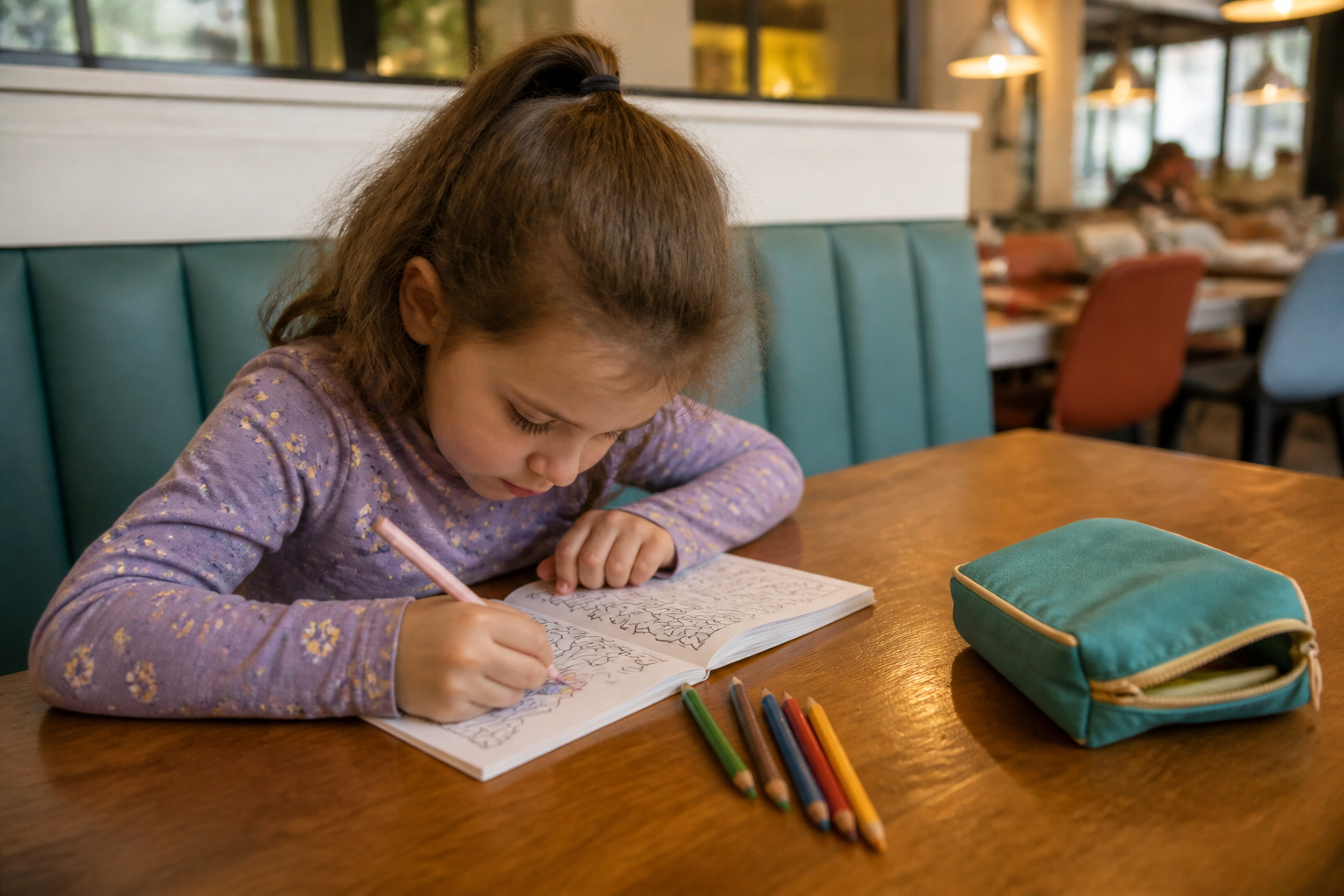 A child using a compact activity book and colored pencils from a small grab-and-go activity pouch.