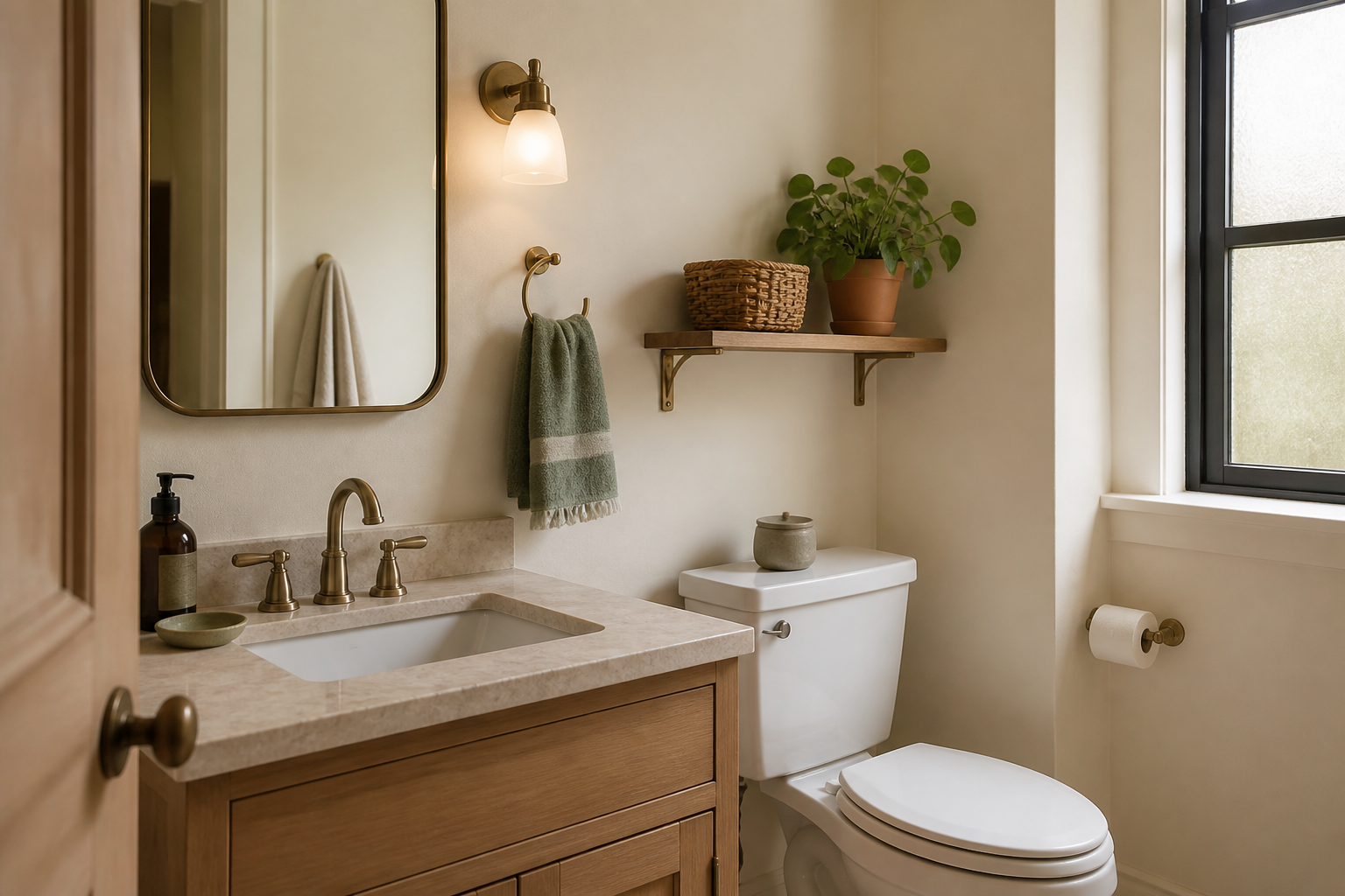 A small warm bathroom with an organized vanity, hanging towel, folded towels, and simple storage for everyday supplies.