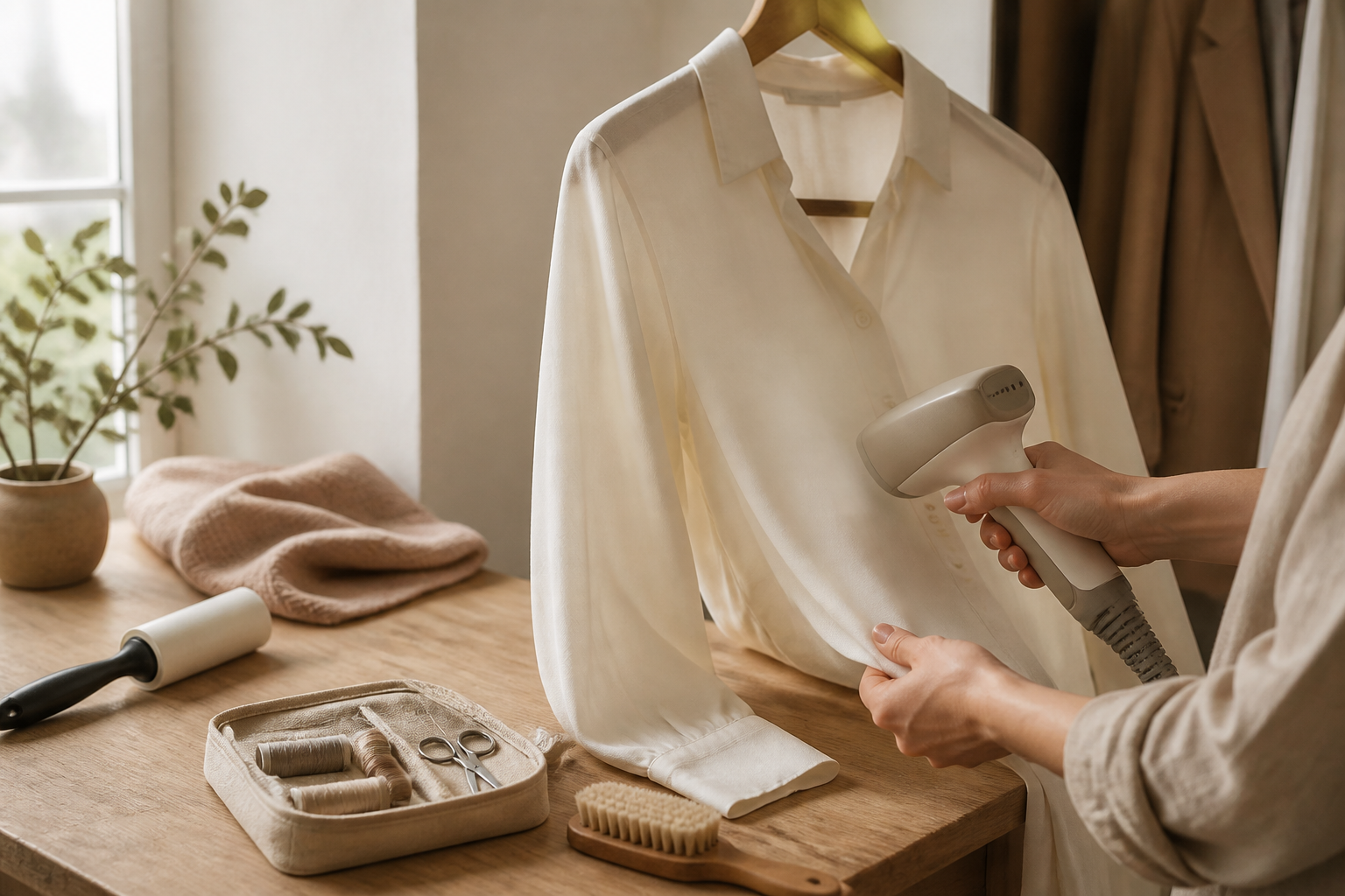 An unbranded blouse being gently steamed beside a lint roller, small sewing kit, and shoe-care brush.