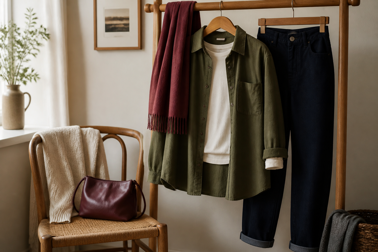 A wearable navy, cream, olive, and muted burgundy outfit arranged in layers on a simple clothing rack.