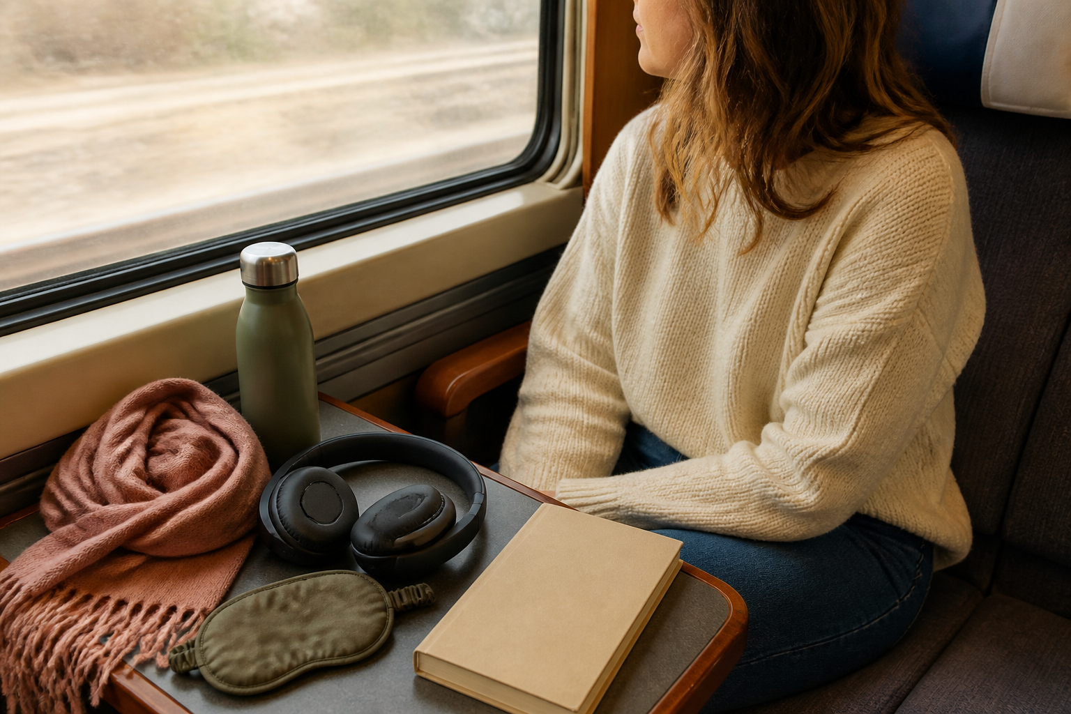 A traveler seated beside a train window with a soft scarf, headphones, eye mask, book, and slim water bottle nearby.