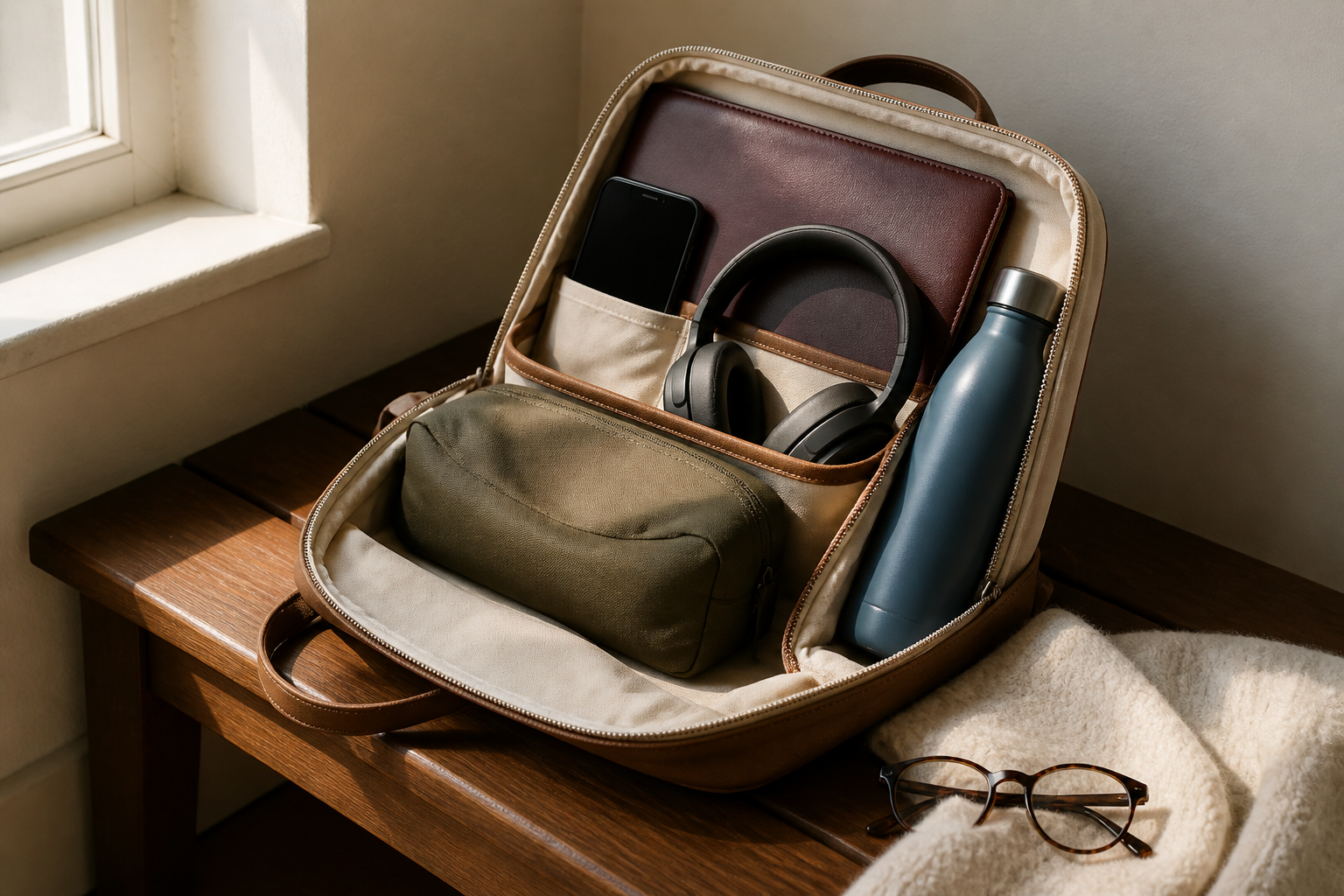 An organized travel tote with a passport pouch, headphones, phone, glasses, and a small water bottle within easy reach.