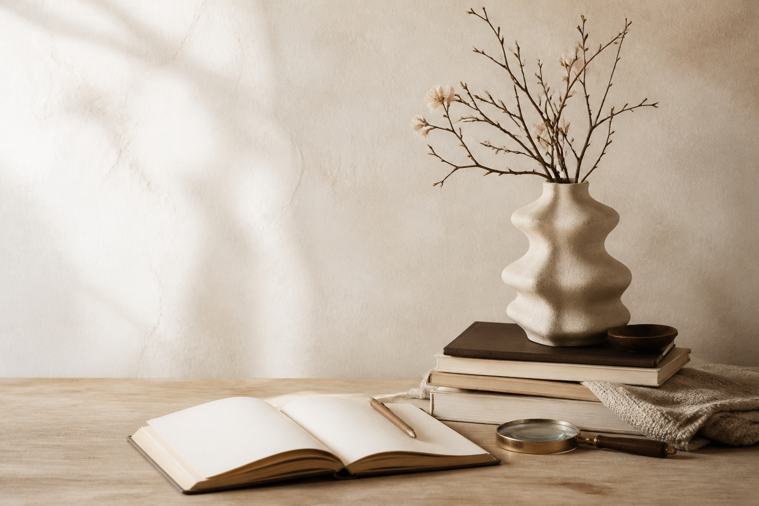 Open book and wrapped gift in warm natural light.