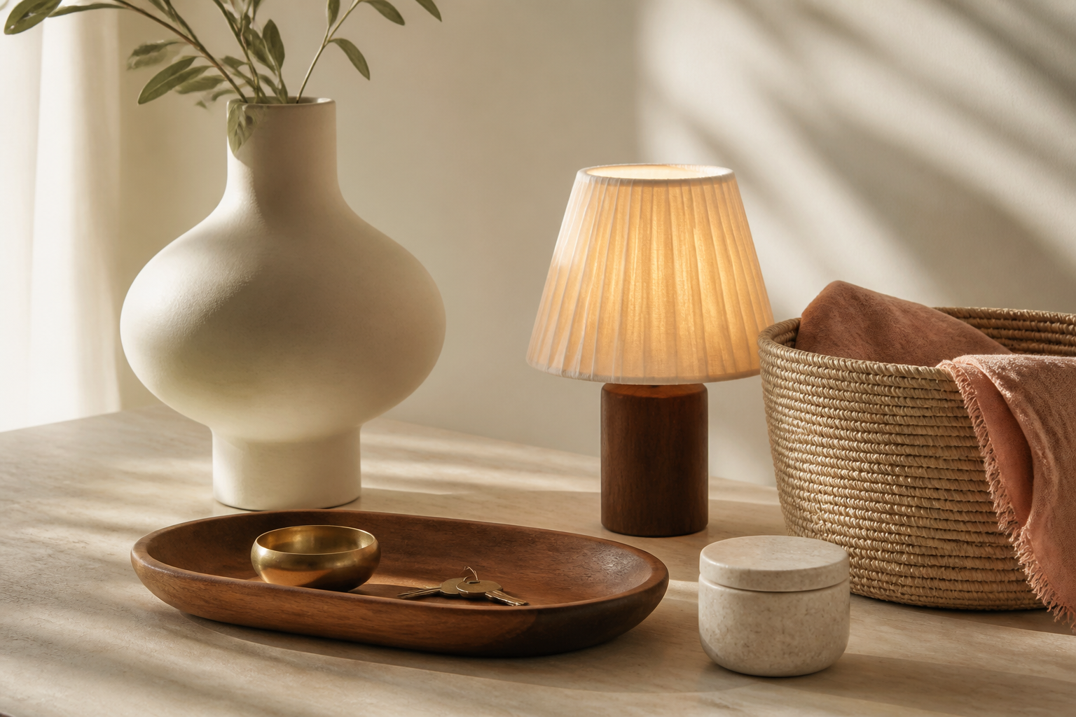 Warm editorial still life of a ceramic vessel, lamp, woven basket, wooden catchall, and useful home object in natural light.