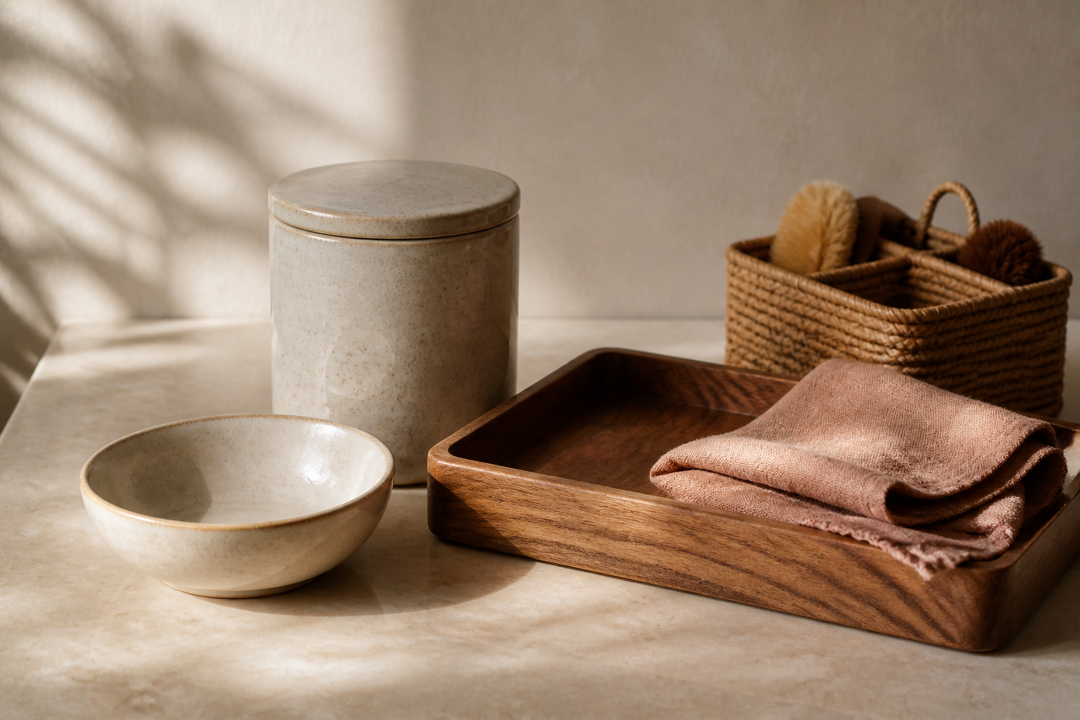 Warm editorial still life of ceramic kitchen vessels, a wooden tray, linen, and a woven organizer.